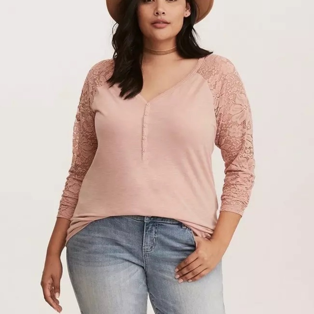 Torrid Light Pink Lace Insert Long Sleeve Henley Fairy Whimsical Plus Size 4X